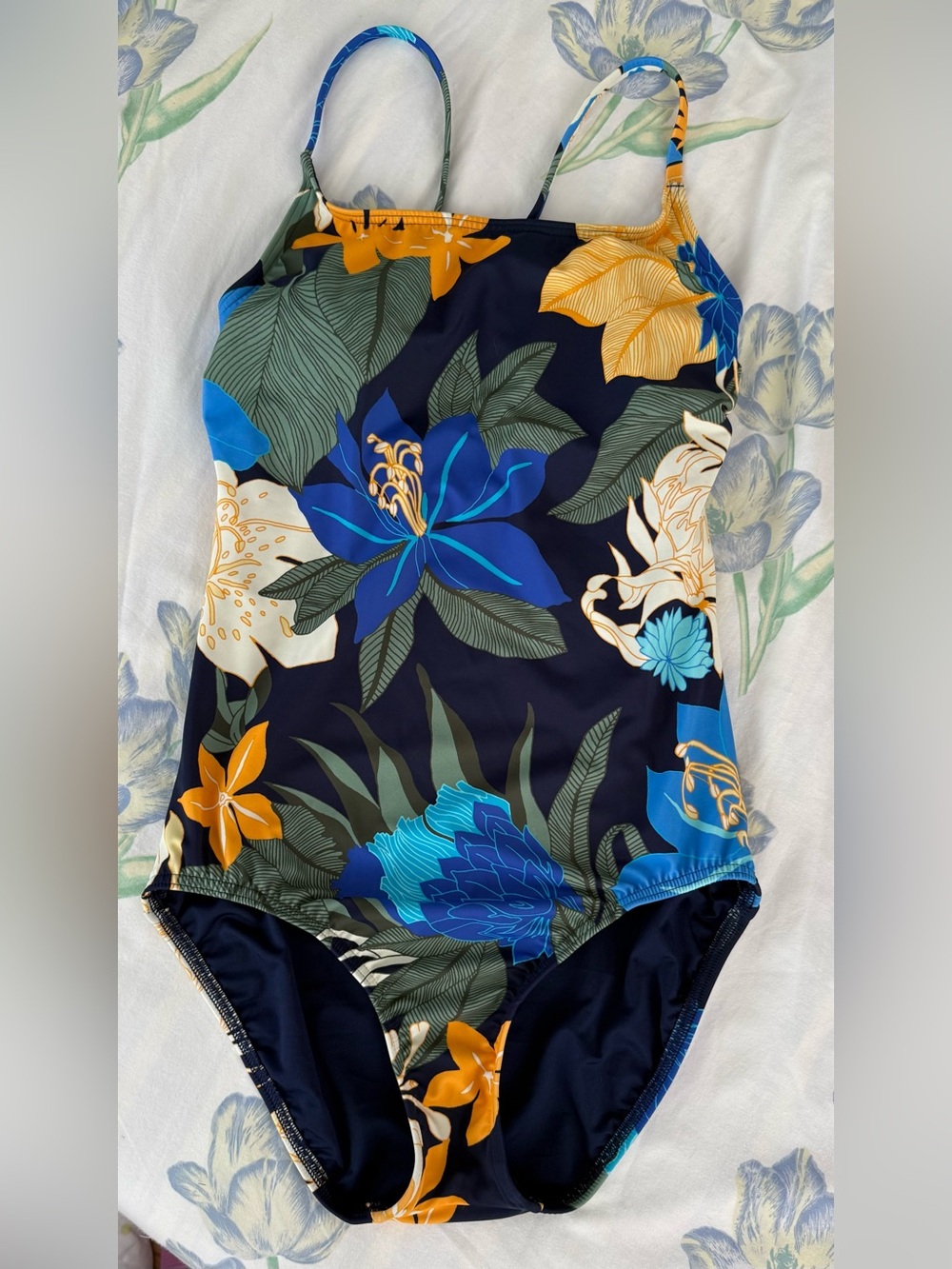 Lands' End Navy Floral One-Piece Swimsuit with Blue & Yellow Flowers TALL LONG
